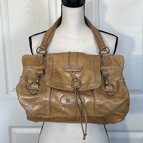 Hype Tan/Gold Leather Studded Shoulder Bag - Picture 1 of 14